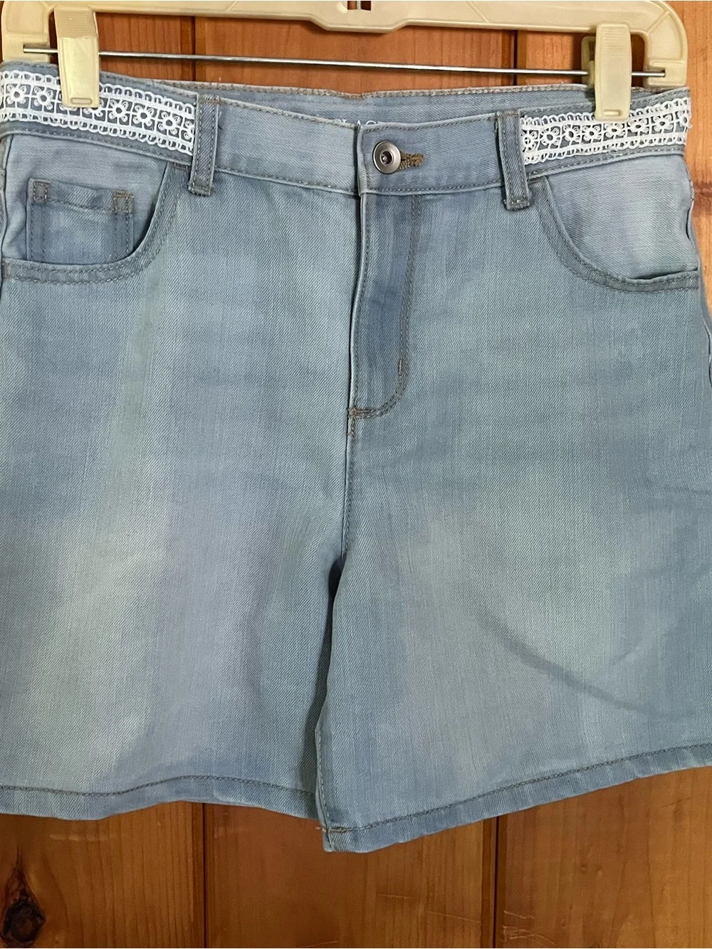 Girls Light Wash Denim Bermuda Shorts with Embroidered Waist Trim